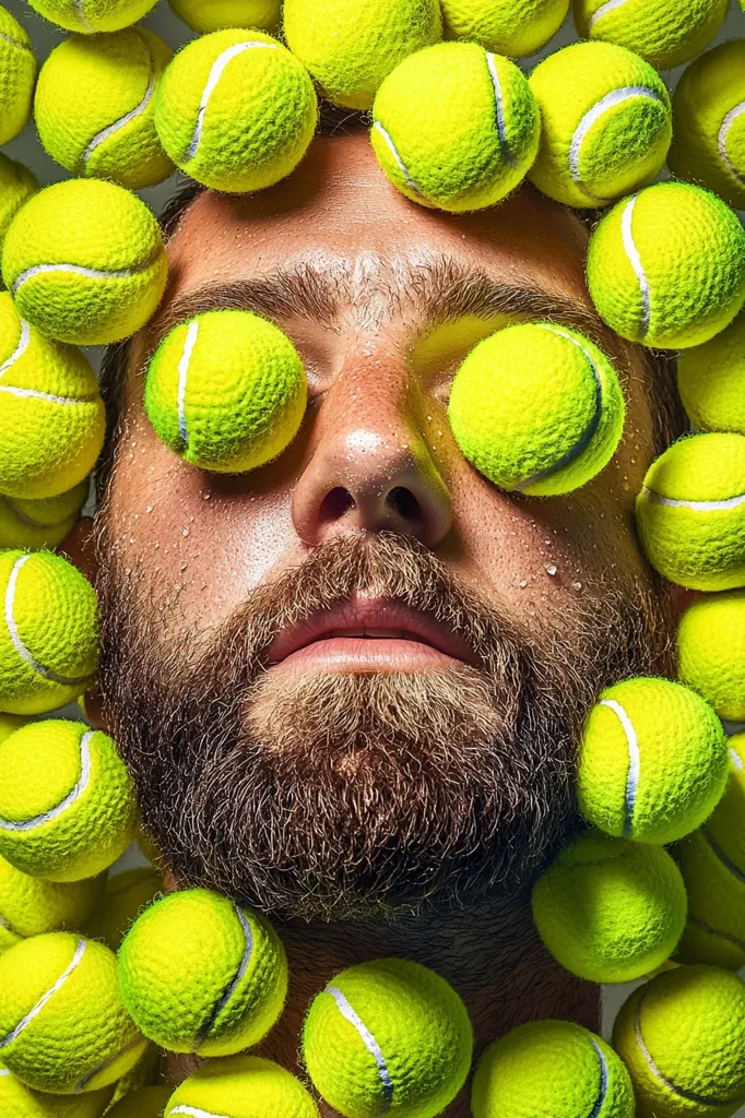A man with a beard is covered in tennis balls. The balls are positioned over his eyes, covering his entire face except for his nose and mouth. The man is looking directly at the camera with a neutral expression. The image is a creative and humorous take on the sport of tennis.