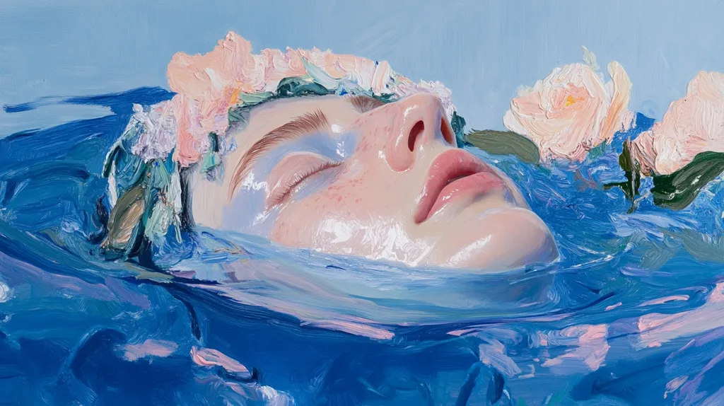 The painting depicts a woman with her eyes closed, submerged in water. She is adorned with a crown of pink flowers, and her skin appears luminous and smooth. The water is depicted in vibrant blue hues with visible brushstrokes, creating a sense of movement and depth. The overall atmosphere of the painting is serene and dreamlike.