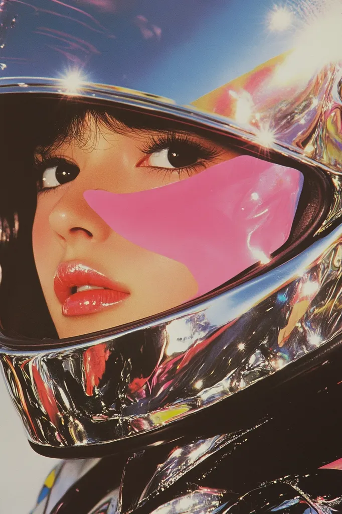 The image shows a woman wearing a silver helmet. The helmet is reflecting light and creating a futuristic, almost alien, aesthetic. The woman's face is partially visible, with a bright pink streak across her cheek and large, dark eyes. The image is stylized and has a retro-futuristic feel.