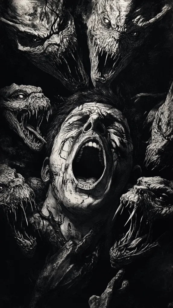 The image depicts a man in the throes of a horrifying experience, surrounded by several monstrous creatures. The man's face is contorted in a scream, his mouth wide open, revealing sharp teeth. The creatures, with grotesque faces and sharp claws, are positioned around him, their expressions menacing and predatory. The black and white palette intensifies the sense of dread and unease. The overall atmosphere is dark and unsettling, suggesting a nightmarish scenario.
