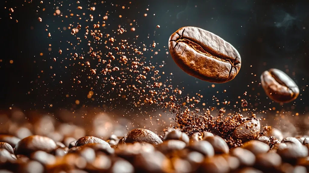 The image shows a close-up of coffee beans with two beans flying in the air, creating a splash of coffee grounds. The background is dark and blurred, highlighting the beans in focus. The image evokes a sense of energy and movement, with the beans appearing to be suspended in mid-air. The coffee grounds create a fine mist that surrounds the beans, adding a touch of texture and depth to the image. The composition is balanced and aesthetically pleasing, capturing the essence of freshly roasted coffee.