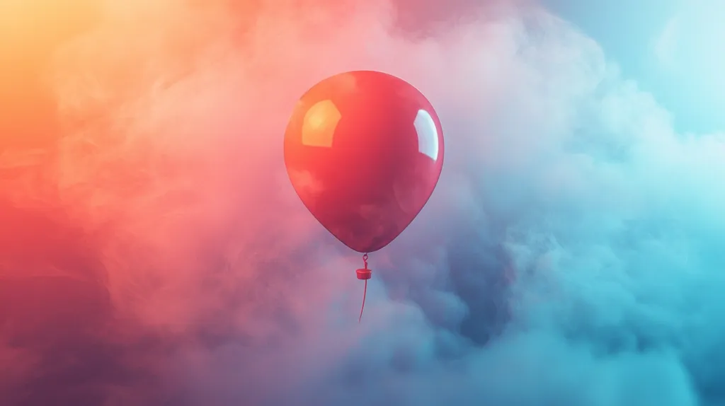 A single, bright red balloon floats in a sky filled with fluffy, pastel-colored clouds. The balloon is illuminated from behind, making it appear translucent. The clouds are a mix of pink, orange, and blue, creating a dreamy and ethereal atmosphere. The balloon is a simple yet powerful symbol of hope and freedom.