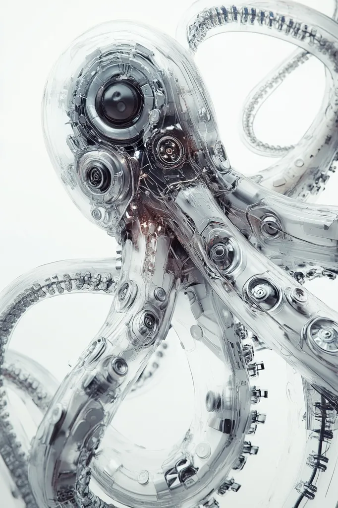A futuristic, mechanical octopus rendered in 3D. The creature is transparent, revealing a complex network of gears, pipes, and other intricate mechanisms. Its large, central eye gleams with a metallic sheen. The octopus is posed against a stark white background, emphasizing its sleek, robotic design.