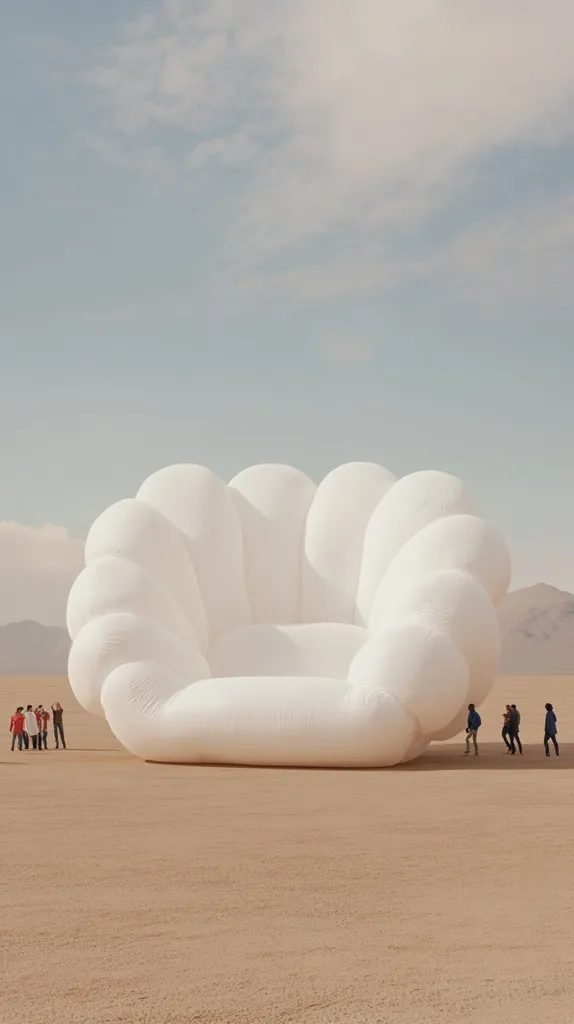 A giant, inflatable, white, clam-shaped sculpture sits in a sandy desert. A small group of people stand in front of it, looking up at the structure. The sky is a pale blue with wispy clouds. The sculpture appears to be made of many large, overlapping segments. The setting is surreal and almost otherworldly.