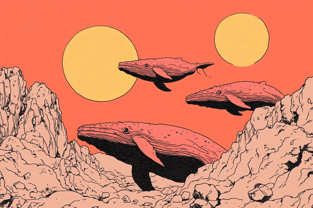 The image depicts three whales swimming in a pink sky with two large yellow suns. The whales are outlined in black and filled with a light pink color, creating a surreal and dreamlike scene.  The background features abstract rock formations that add to the otherworldly atmosphere. The overall style of the image is minimalist and graphic, with bold lines and simple shapes.