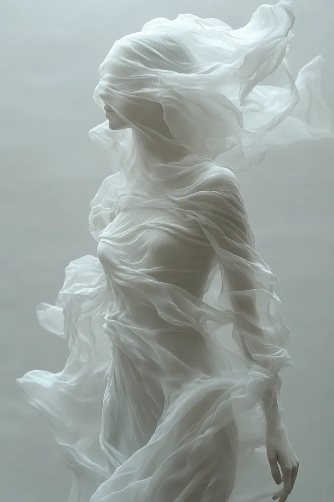 A white, semi-transparent fabric drapes over a mannequin, its form obscured and ethereal. The fabric billows and swirls like a cloud, creating a sense of weightlessness and mystery. The soft, flowing lines and muted tones evoke a sense of serenity and tranquility. The image is a study in light, texture, and form, and it invites the viewer to contemplate the beauty and fragility of the human form.