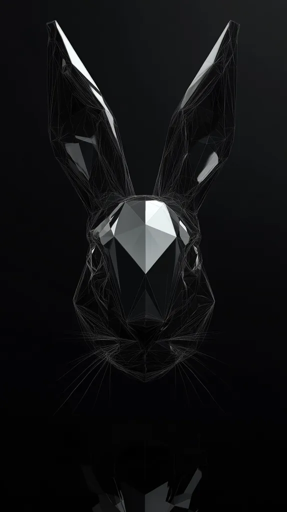 A black and white image of a rabbit's head constructed from a wireframe of polygons.  It is rendered in a minimalist style against a black background. The rabbit's ears are long and pointed, and its eyes are outlined with a thin black line. The image has a futuristic and abstract feel.
