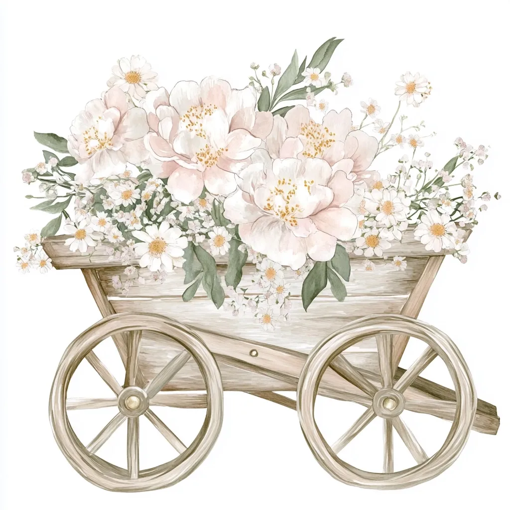 A wooden wagon with spoked wheels is overflowing with a bouquet of white and pale pink peonies and tiny white flowers. The wagon is painted a light wood color, and the flowers are delicately rendered in watercolor. The image is set against a white background.