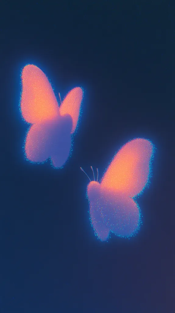 Two glowing, pastel pink butterflies with light blue outlines are shown against a dark blue background. The butterflies are facing opposite directions. One butterfly is slightly higher than the other. The butterflies appear to be made of a soft, shimmering material.