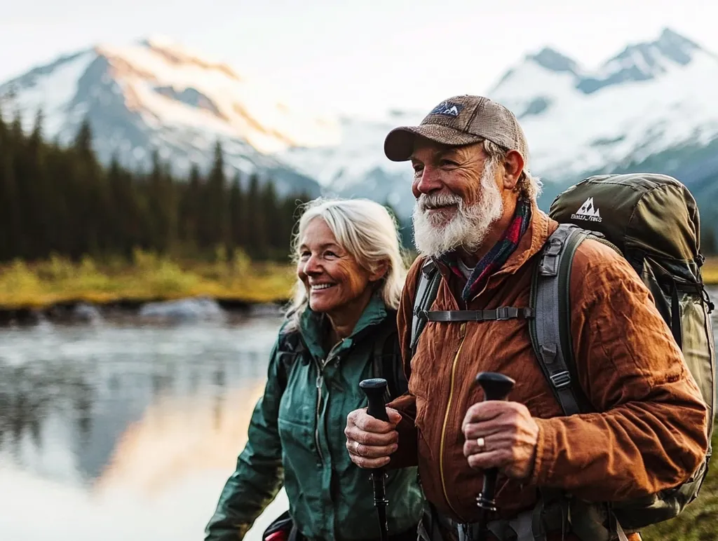 An older couple, wearing hiking gear, stand by a river in a mountainous landscape. The man, with a white beard and a red bandana, smiles and holds trekking poles.  His partner, with grey hair, smiles brightly. They are surrounded by trees, snow-capped mountains, and a blue sky.  The image suggests a sense of adventure and companionship.