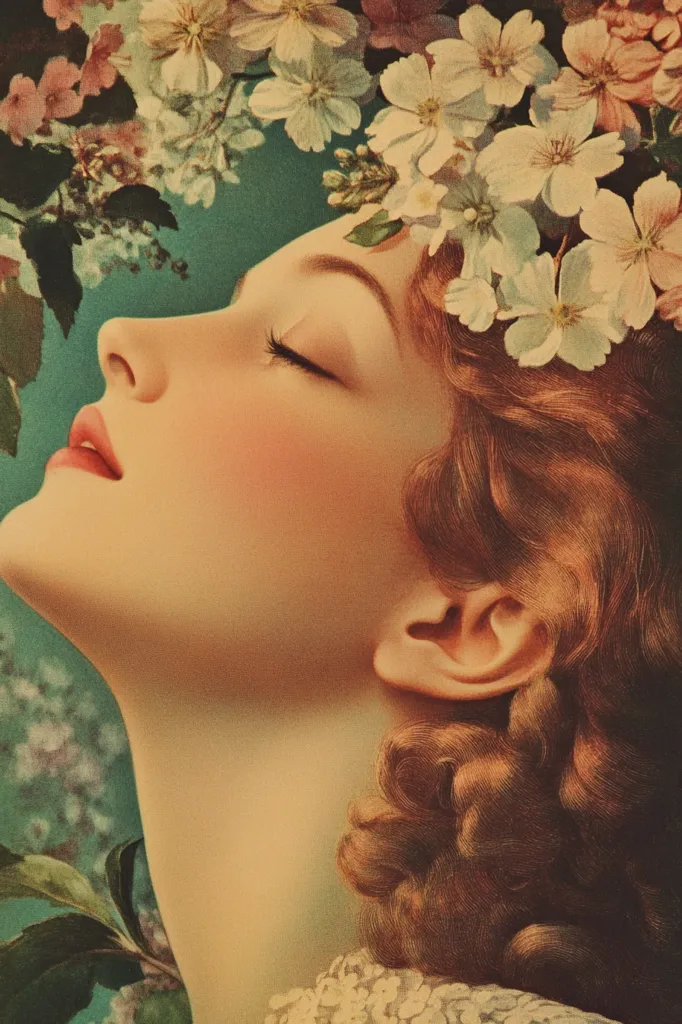 A woman with closed eyes and rosy cheeks is lying on her back, her head tilted back and a crown of white flowers resting on her brow. Her hair is long and curly, a deep auburn shade that contrasts with the white blossoms. The background is blurred, suggesting a dreamy, ethereal atmosphere. The image is painted in a vintage style, with soft, muted colors and delicate brushstrokes.