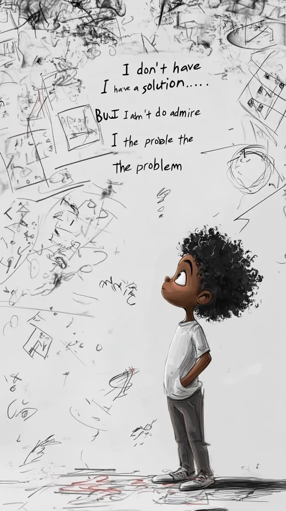 The image shows a young boy with curly hair standing in front of a white wall covered in scribbles and doodles. He is looking up at the wall, where a message is written in black marker: "I don't have a solution... BUT I don't admire the problem." The image is a stylized cartoon and captures the child's contemplation of the problem. The scribbles on the wall create a sense of chaos and confusion, mirroring the feeling of being overwhelmed.  The boy's expression suggests a mix of curiosity and frustration, as he contemplates the message and its meaning.