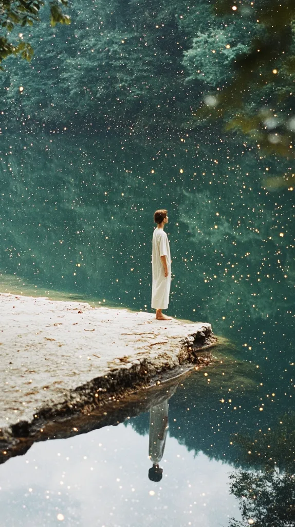 A lone figure stands on a sandy bank overlooking a calm body of water. The water reflects the surrounding forest, creating a mirror image of the figure and the trees above. The entire scene is covered in a shower of tiny, shimmering particles, making it look magical and ethereal.  The person is wearing a white robe, looking up at the twinkling lights.  The scene is tranquil and serene, suggesting a sense of peace and wonder.