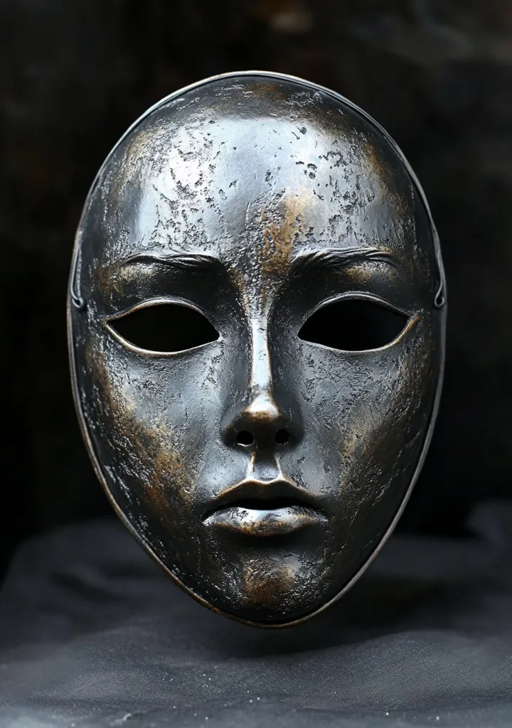 A close-up image of a metallic mask with a human face, crafted with detail. The mask is dark grey and features a textured surface. The mask has a serious expression, with furrowed brows and a slight frown. The mask is set against a black background, highlighting its intricate details.