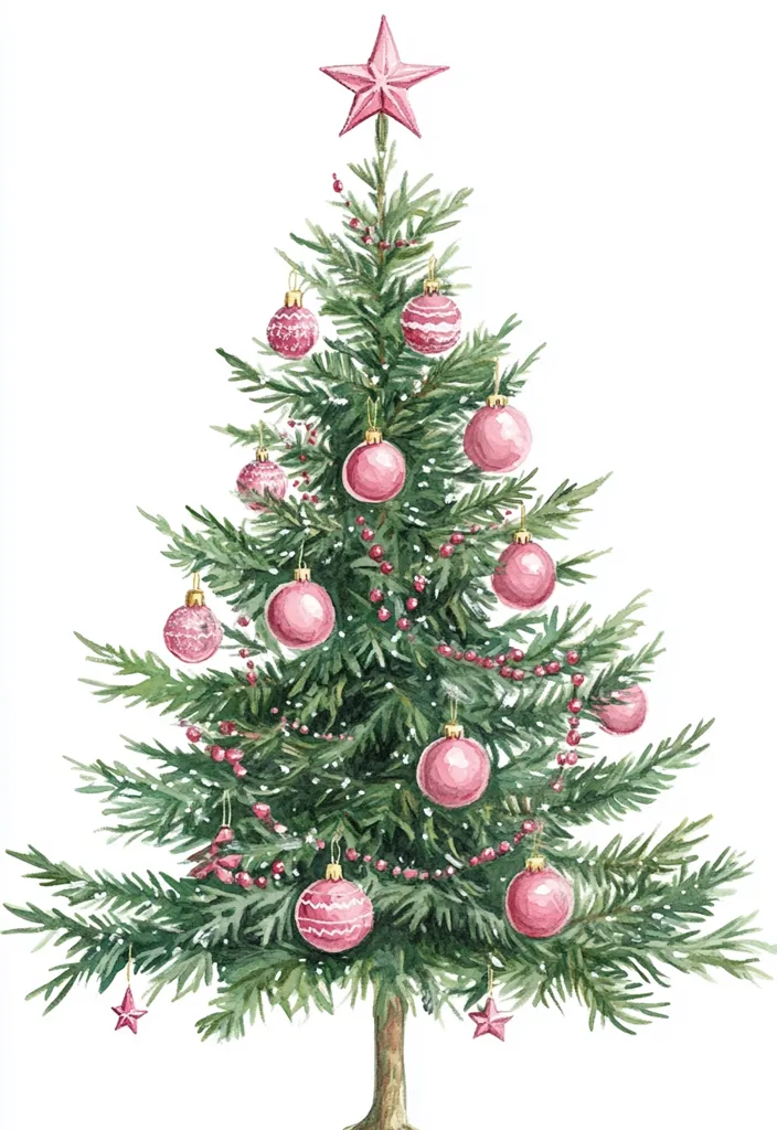 A watercolor painting of a Christmas tree decorated with pink ornaments and a pink star on top. The tree is surrounded by a white background. The tree is full and lush, and the ornaments are sparkling. The painting is simple and elegant, capturing the essence of the Christmas season.  There are also red berries decorating the tree.  The image is a celebration of Christmas cheer.