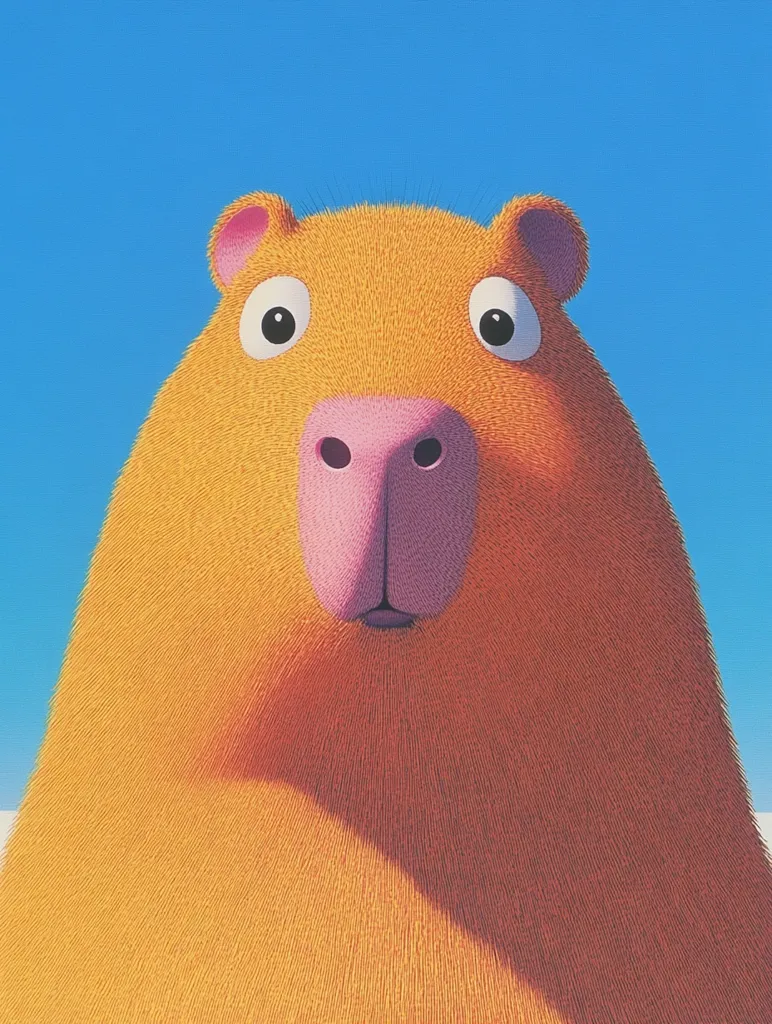 A cartoon capybara with a fluffy orange coat, big round eyes, and a pink snout. It's looking directly at the viewer against a bright blue sky. The image has a playful and whimsical tone.  The fur is meticulously detailed with individual strands.