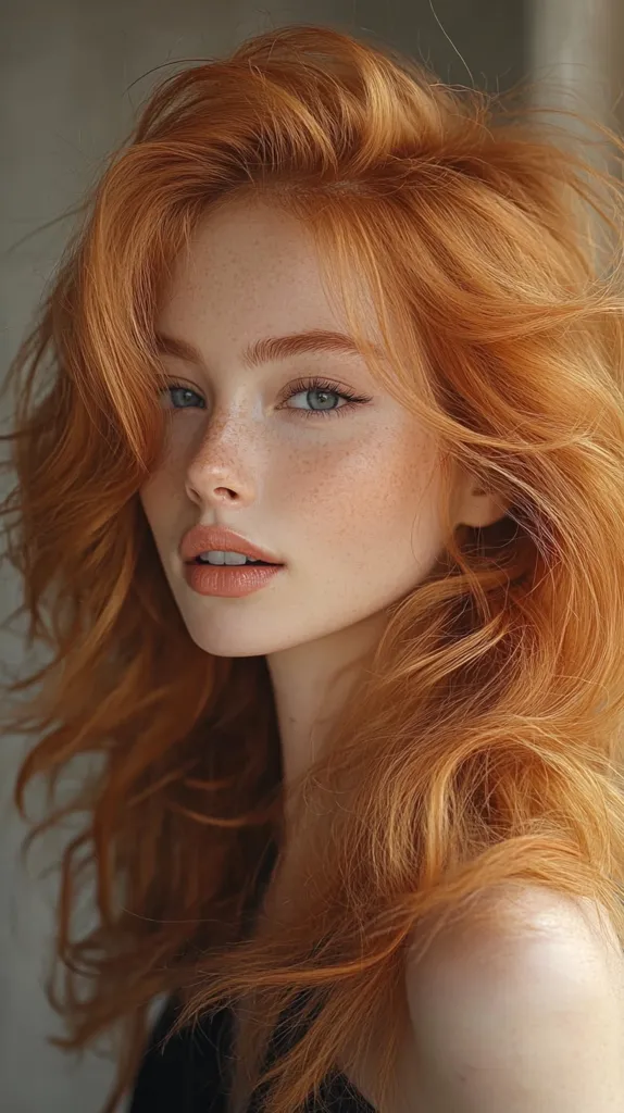 A young woman with long, flowing, ginger hair looks directly at the camera. Her face is pale and freckled, and she has bright blue eyes and a soft smile. Her hair is styled in loose waves, and she is wearing a black top. The background is a blurred, neutral color.  The lighting is soft and warm, highlighting her features.  The overall impression is of beauty and innocence.