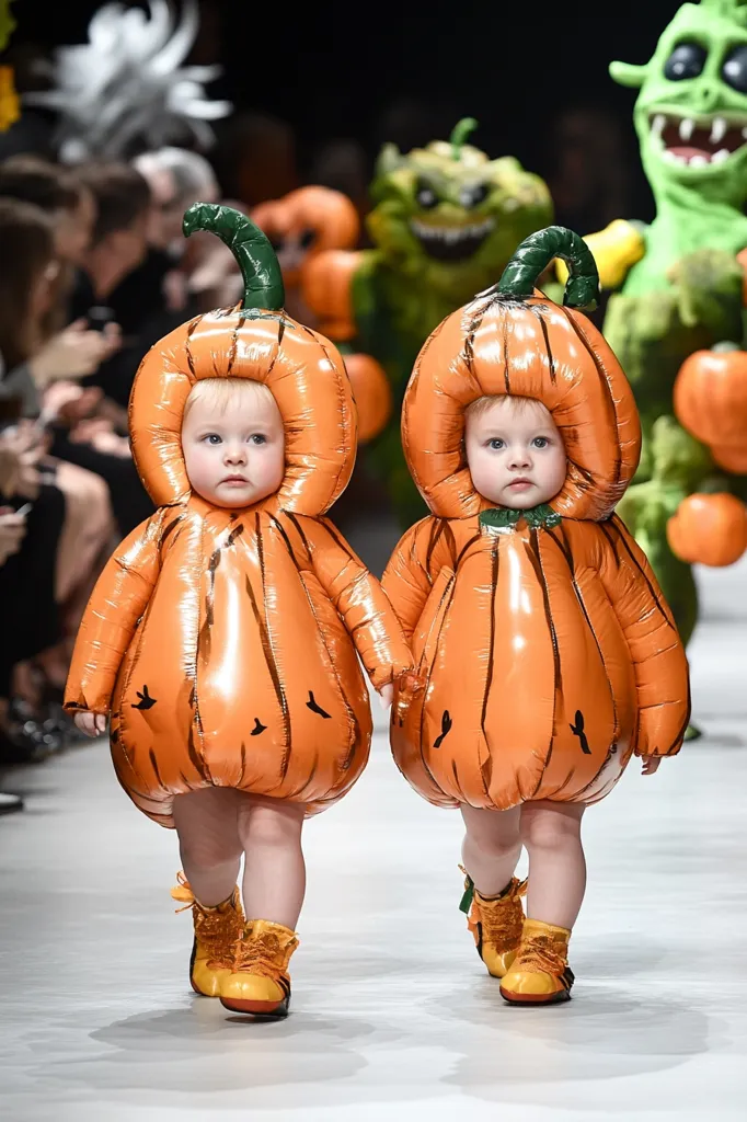 Two babies are walking down a runway in inflatable pumpkin costumes. The babies are wearing black shoes and have serious expressions. The background features a crowd of people and a large, green, cartoon-like monster. The runway is white and the lighting is bright. The image is a fun and whimsical representation of Halloween fashion.