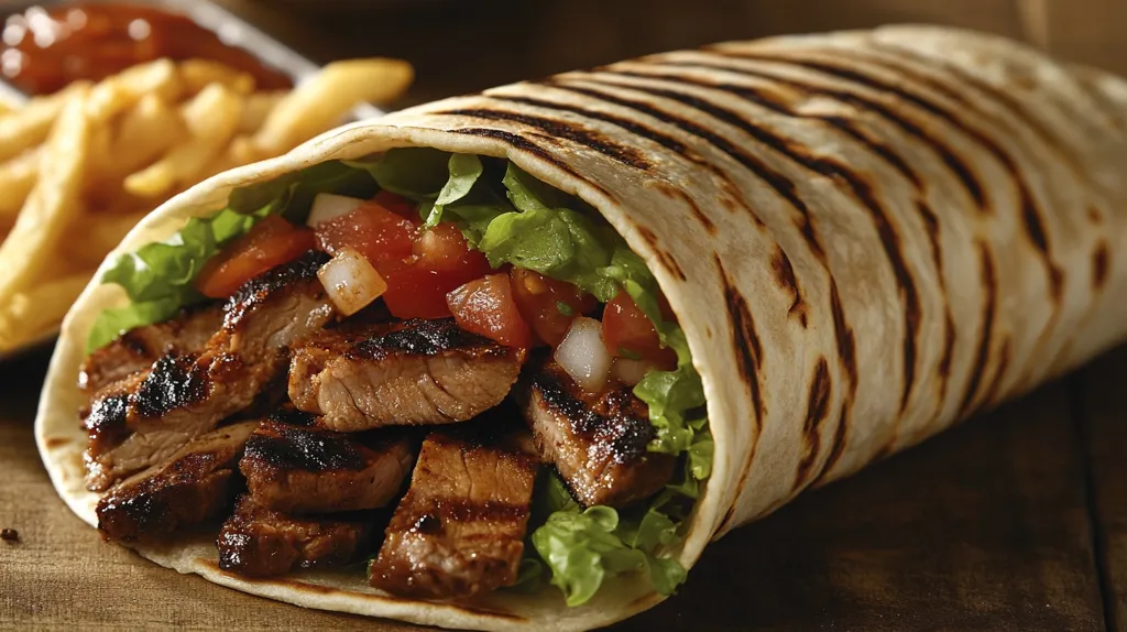 A close-up of a grilled steak burrito. The tortilla is lightly toasted and shows grill marks. The burrito is filled with juicy grilled steak, lettuce, diced tomatoes, and onions. The burrito is lying on a wooden surface.  A container of french fries and ketchup is out of focus in the background.  This is a delicious and satisfying meal.