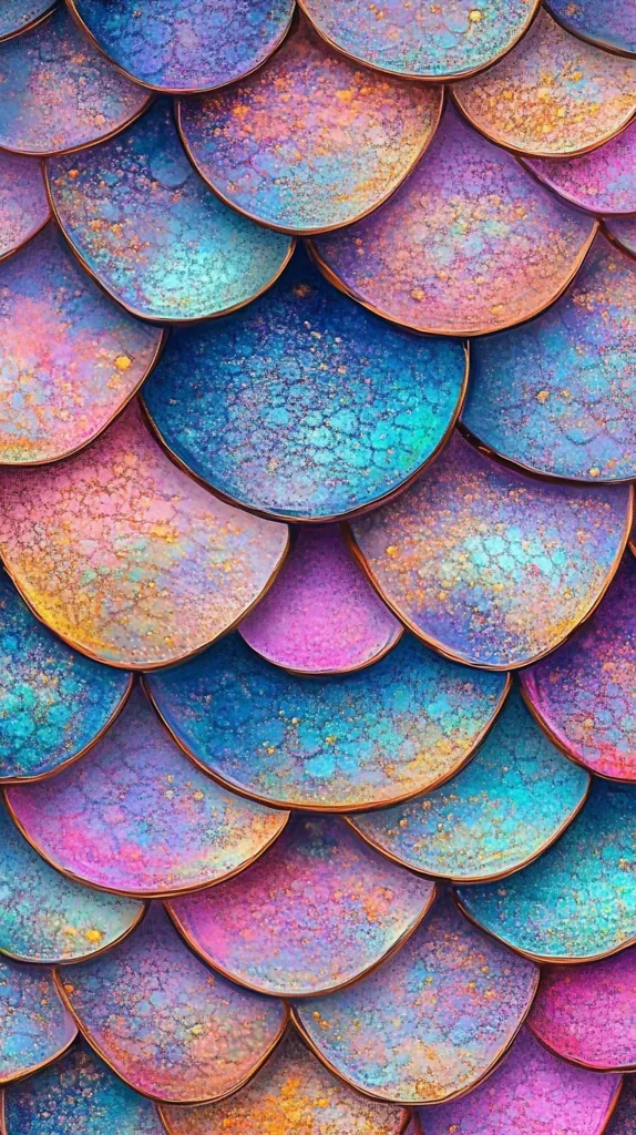The image shows a close-up of iridescent scales, resembling a mermaid's tail. The scales are arranged in an overlapping pattern, with each scale displaying a vibrant blend of colors, including blues, purples, pinks, and gold. The metallic sheen and the subtle texture of the scales create a mesmerizing and ethereal effect.  The colors are intense and saturated, giving the image a dreamlike quality. The scales appear to be made of a smooth, almost translucent material. They catch the light and reflect it in a variety of hues, creating a dazzling display. The image is both beautiful and mysterious, inviting the viewer to imagine the creature to which these scales belong.