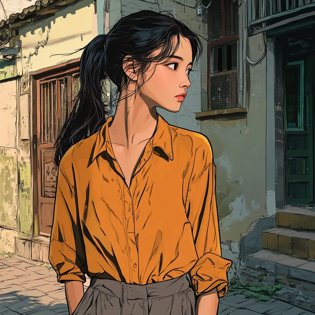 The illustration depicts a young woman with long black hair tied in a ponytail. She wears a bright orange button-down shirt and grey pants, standing in an alleyway with old, weathered buildings on either side. The woman has a thoughtful expression on her face as she looks away from the camera, her gaze directed towards the right side of the frame. The scene is bathed in soft, warm light, creating a sense of calm and serenity.