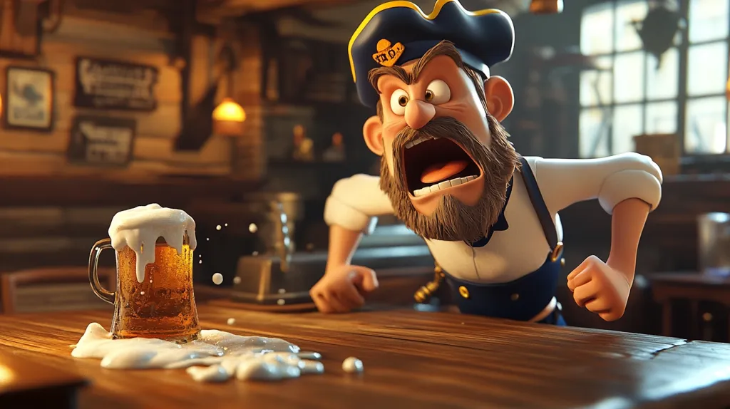 A cartoon pirate captain with a bushy beard and a blue and yellow captain's hat is leaning over a wooden bar table, his mouth wide open in a yell. He's looking down at a beer mug that has been knocked over, spilling its foamy contents onto the table. The scene is lit by warm, rustic lighting, creating a fun and comedic tone.  The captain's expression and the spilled beer suggest a moment of frustration and annoyance.