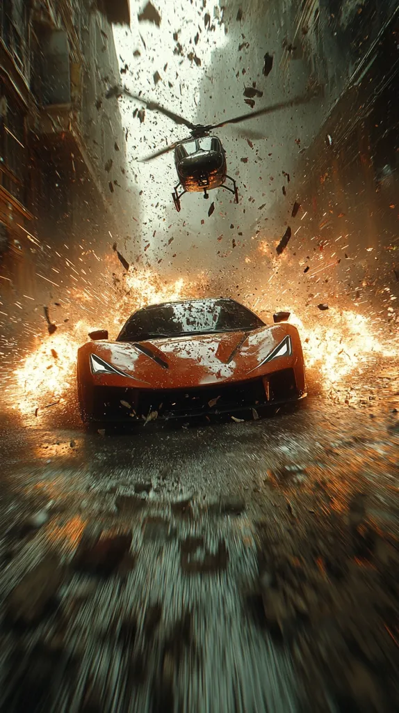 A bright orange sports car speeds through a city street, engulfed in a fiery explosion. A black helicopter flies overhead, amidst a shower of debris. The image captures the intense action and chaos of a high-speed chase, with the blur of motion adding to the sense of urgency.