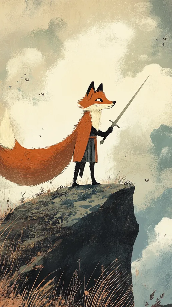 A fox, dressed in a cloak and holding a sword, stands on a cliff. The fox has a bushy tail and is looking to the right. The cliff is rocky and the sky is cloudy. There are birds flying in the distance. The image has a whimsical and fairytale-like quality.