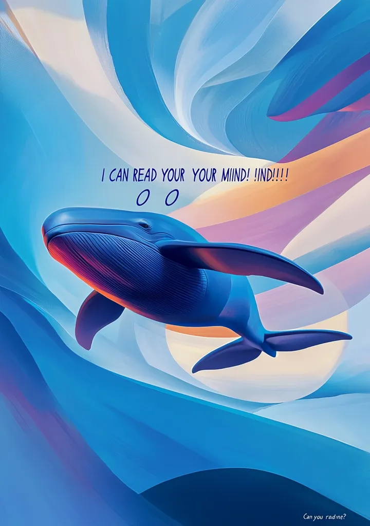 A blue whale swims through a swirling, abstract background of blues, oranges, and purples. The whale is in the foreground and appears to be leaping out of the water. Text overlays the image, including a playful message, "I can read your mind! IND!!!" and a smaller "Can you read me?" at the bottom. The overall image is whimsical and dream-like.