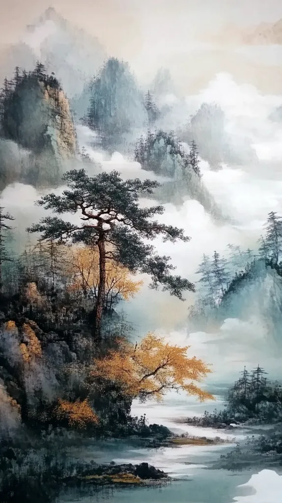 A misty, watercolor landscape depicts a serene scene with a winding river flowing through a valley. Lush green trees and golden foliage line the banks, while distant mountains rise up in the background, shrouded in a veil of fog. The painting captures the tranquility and beauty of nature.