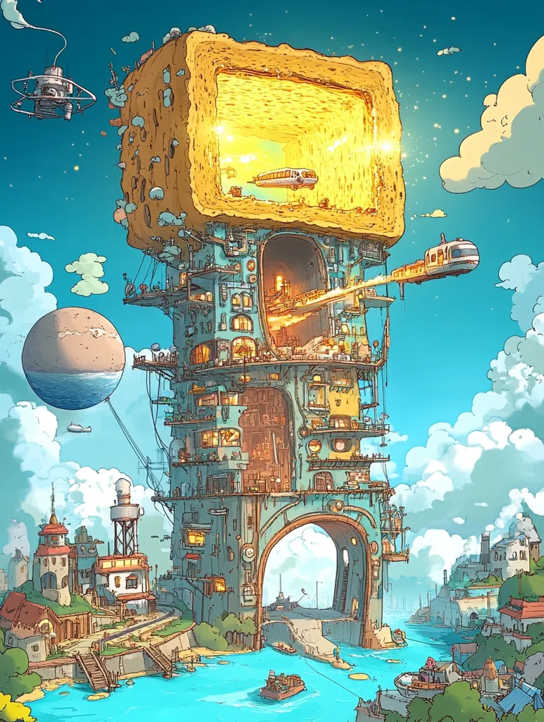 A fantastical city built around a giant, yellow, sponge-like structure. The structure has a large, glowing window and a tunnel running through it. Smaller buildings and walkways are attached to the outside of the structure, and there are boats and a flying vehicle in the surrounding water and sky.  The city is surrounded by clouds and a large, blue planet.