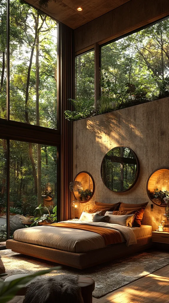A luxurious bedroom with large windows overlooking a lush green forest. Natural light bathes the room, illuminating the plush bed with crisp white linens and a warm, orange throw. The walls are adorned with three circular mirrors, reflecting the beauty of the surrounding nature. The room exudes a sense of tranquility and connection with the outdoors.