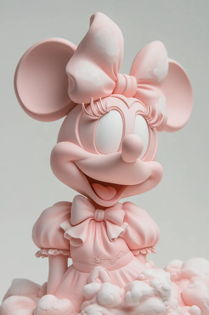 A pink, stylized figurine of a mouse wearing a large bow and a frilly dress. The figurine's face is expressive, with wide eyes, a smile, and a visible tongue. The mouse is sitting on a cloud-like base, adding to its whimsical charm.  The figurine is made of a smooth, soft-looking material, giving it a delicate and feminine appearance.