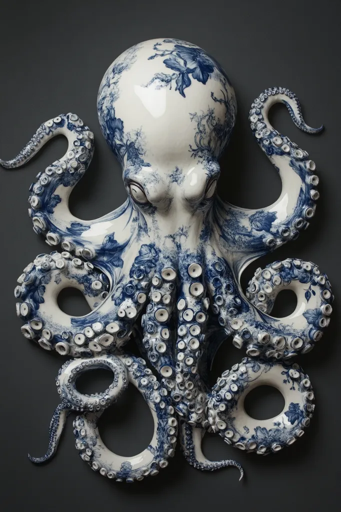 A ceramic octopus with a blue and white floral pattern. The octopus's head is large and round with detailed eyes, and its eight tentacles are curled and twisted in a complex design. The ceramic is glazed in a shiny white with blue accents, giving the octopus a delicate and elegant look. The intricate design and detailed craftsmanship of the sculpture make it a visually captivating piece of art.