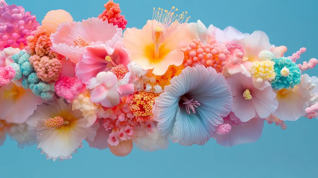 A vibrant and colorful bouquet of flowers in shades of pink, yellow, blue, and white is arranged against a light blue background. The delicate petals of the flowers create a soft and dreamy atmosphere, while the intricate details of the blossoms add a touch of whimsy. The overall effect is one of beauty, elegance, and springtime joy.