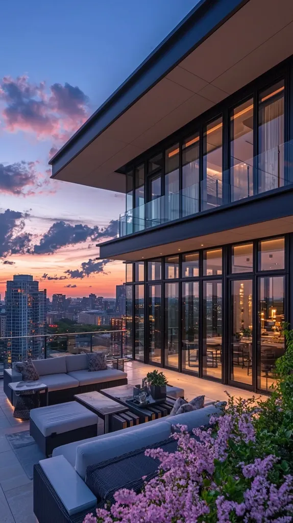 A luxurious penthouse balcony with stunning views of the city skyline at dusk. The balcony is furnished with comfortable seating and a modern coffee table. The  sky is painted in hues of pink and purple, creating a romantic and serene atmosphere.  A lush garden with vibrant purple flowers adds a touch of natural beauty to the scene. The building's sleek and modern design  and large windows provide panoramic views.