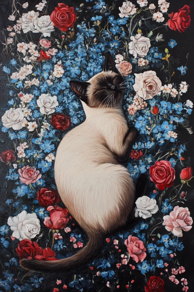 A white Siamese cat with blue eyes is curled up in a bed of flowers. The cat's fur is soft and fluffy, and its eyes are closed in contentment. The flowers are a mix of blue, pink, red, and white, and they create a beautiful backdrop for the cat. The cat is surrounded by a variety of flowers, including roses, forget-me-nots, and carnations. The painting is a celebration of the beauty of nature and the companionship of pets.