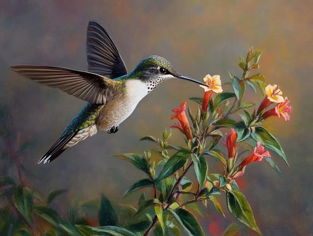 A vibrant hummingbird with iridescent green feathers hovers in mid-air, its long beak extended towards a delicate yellow flower. The bird's wings are blurred, suggesting rapid movement.  The background is a soft blur of greens and browns, with other flowers in shades of red and yellow adding to the scene's natural beauty.  The image captures the hummingbird's grace and agility in a moment of feeding.