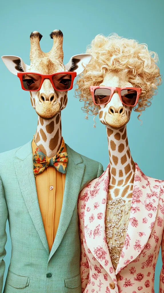 Two giraffes dressed in fashionable attire stand against a light blue background. The giraffe on the left wears a light blue suit jacket with a floral bowtie and an orange button-down shirt. The giraffe on the right wears a white blazer with a pink and red floral pattern. Both giraffes wear red sunglasses and have a look of confidence on their faces. The image is humorous and playful.