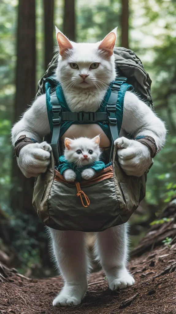 A large white cat is wearing a green and blue backpack and carrying a smaller white kitten in a front pouch. The cat is standing on a path in a forest and looks serious. The kitten is wearing a blue jacket and has its paws sticking out of the pouch.  The scene is a humorous portrayal of a cat on a hiking adventure.