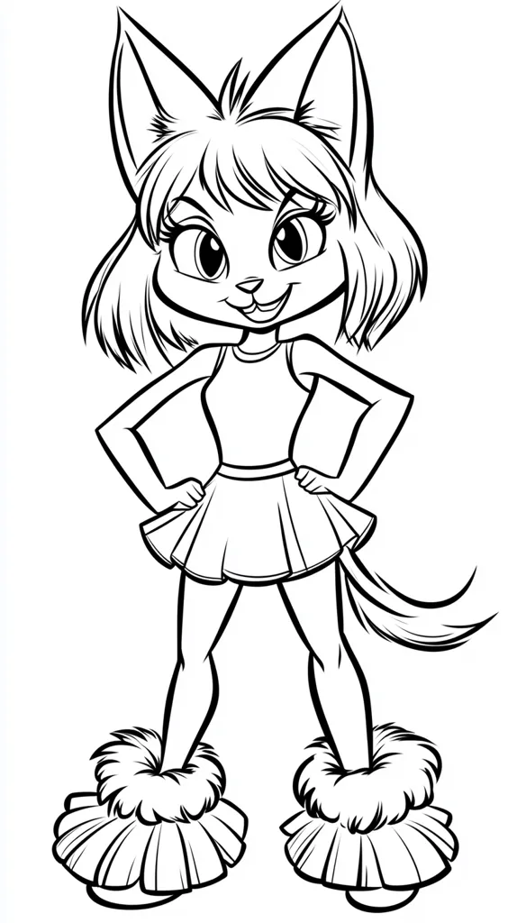 A cartoon cat girl with large eyes and a mischievous grin, wearing a sleeveless dress and a short skirt, stands with her arms akimbo.  She has large fluffy boots on her feet and a long tail trailing behind her.  The image is drawn in black and white with heavy outlines.