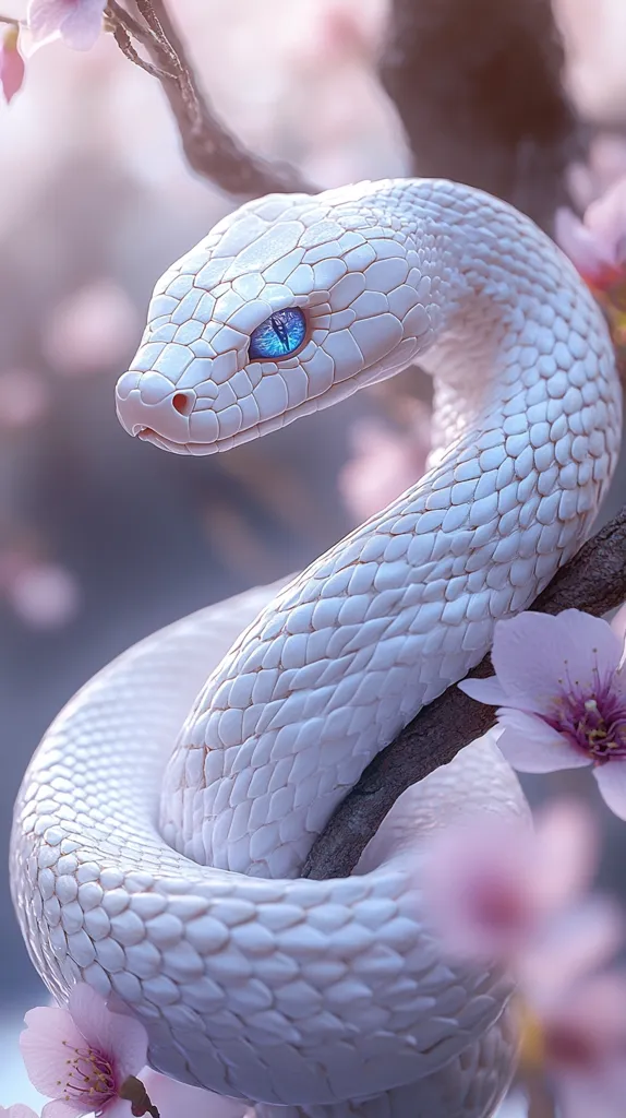 A white snake with bright blue eyes is wrapped around a tree branch, its scales shimmering in the sunlight. The snake's head is turned to the side, giving a glimpse of its sharp gaze. Delicate pink flowers bloom around the snake, creating a beautiful contrast of colors and textures. The overall image is one of elegance and beauty, with a subtle hint of danger.
