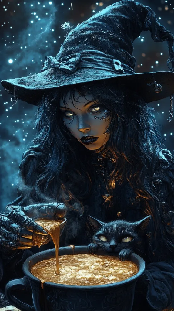 A witch with a pointed hat and dark eyes stares intently as she pours a golden liquid into a large bowl, watched by a black cat. The witch wears a dark robe and has intricate markings on her face, while the cat leans over the edge of the bowl, intrigued. The background is a dark, starry night. The scene evokes a sense of mystery and magic.