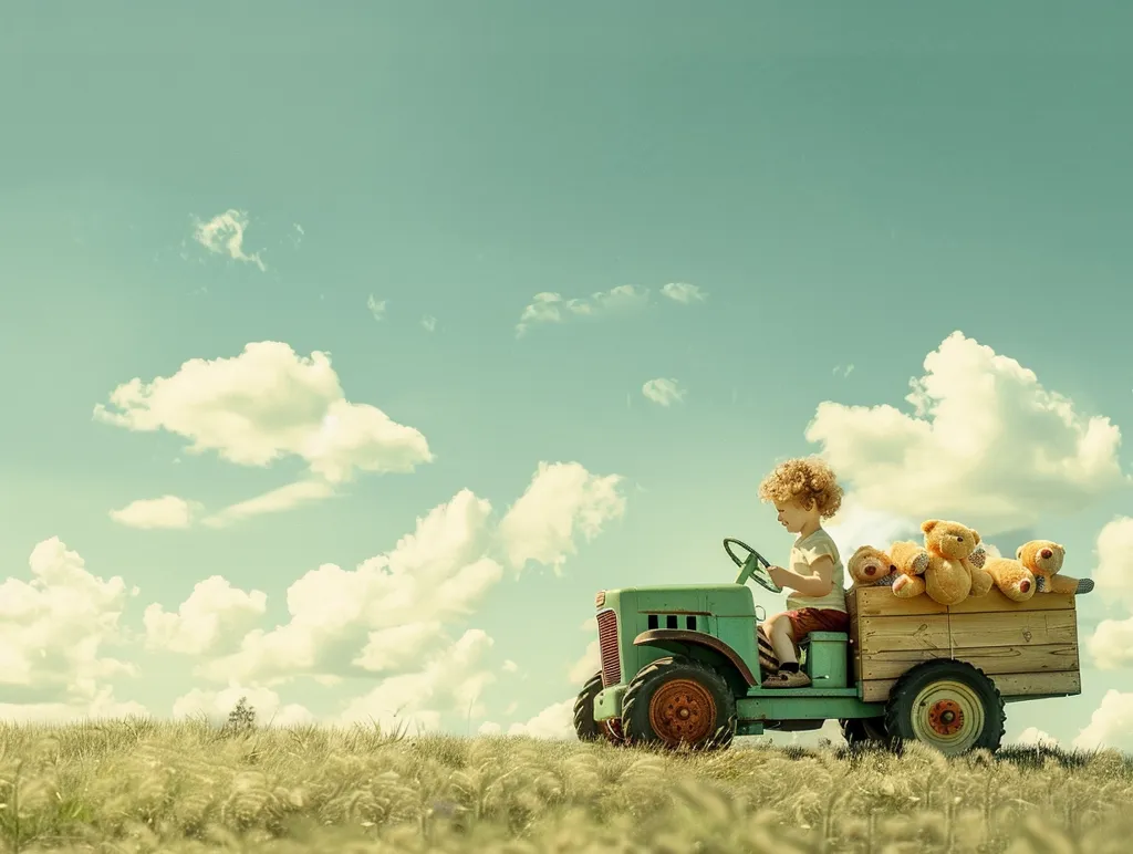 A young child with curly hair drives a toy tractor with a load of teddy bears in the back. The tractor is green and the background is a blue sky with white clouds. The photo has a vintage filter applied to it, giving it a nostalgic feel. The scene is playful and whimsical.