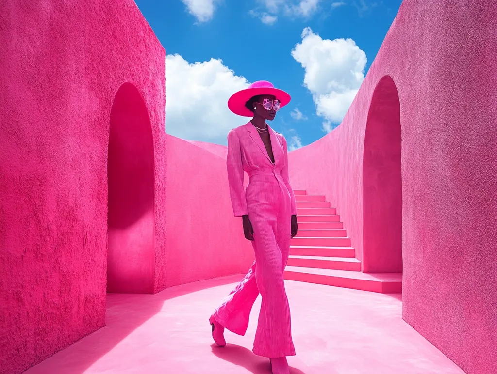 A woman in a pink suit and hat walks confidently down a pink pathway. She wears sunglasses and a pearl necklace, adding a touch of elegance. The background is a bright pink wall with archways and a staircase. The sky is a vibrant blue with fluffy white clouds. The scene is bold and dramatic, creating a striking visual.