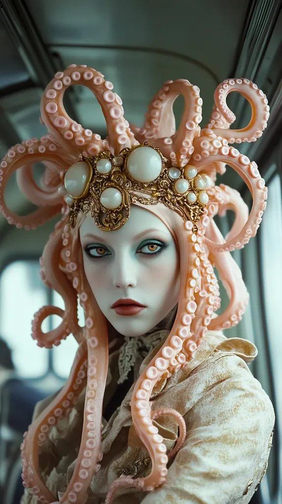 A woman wears a crown made of an octopus's tentacles and pearl-studded gold embellishments. The tentacles continue down her shoulders and arms, blending with the cream-colored fabric of her jacket. Her gaze is intense, her makeup dramatic, and her pale skin contrasts sharply with the vibrant pink of the octopus. The image is evocative of a mysterious and captivating creature, blending human and sea life elements.