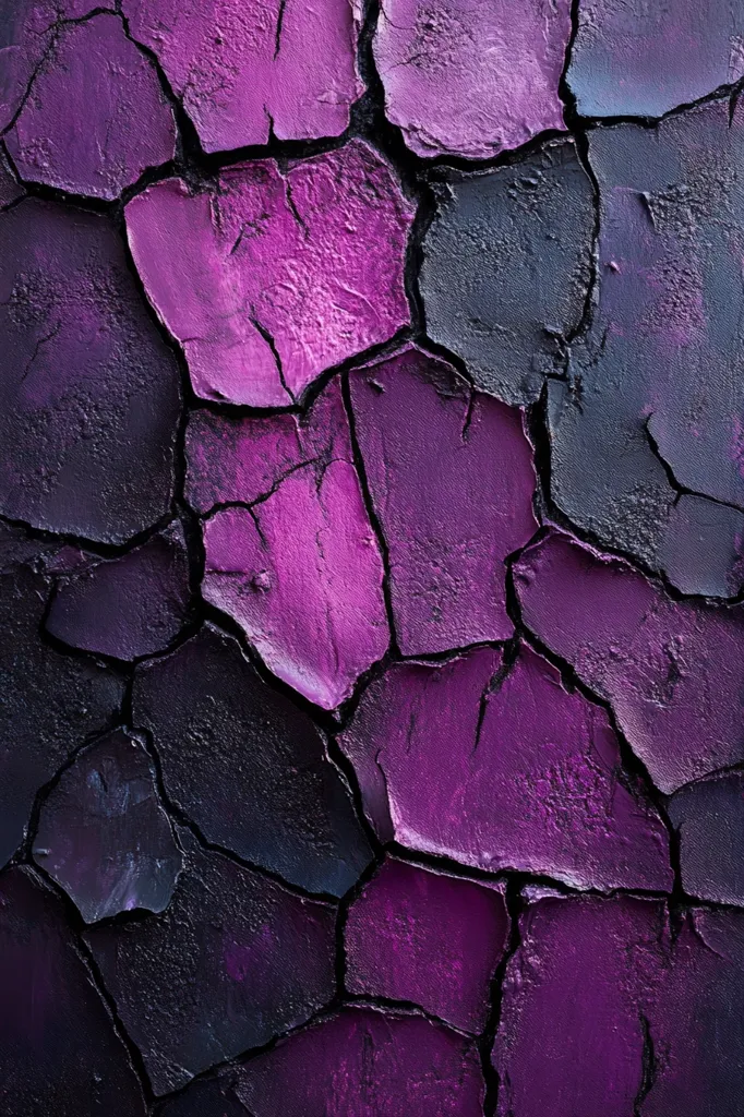 A close-up shot of a textured surface painted in shades of dark purple and black. The paint is cracked and chipped, creating a rough, uneven surface. The image evokes a sense of age and decay, with the cracks and chips suggesting a long history of weathering. The dark tones create a somber and mysterious atmosphere. The image is abstract and could be interpreted in many different ways.