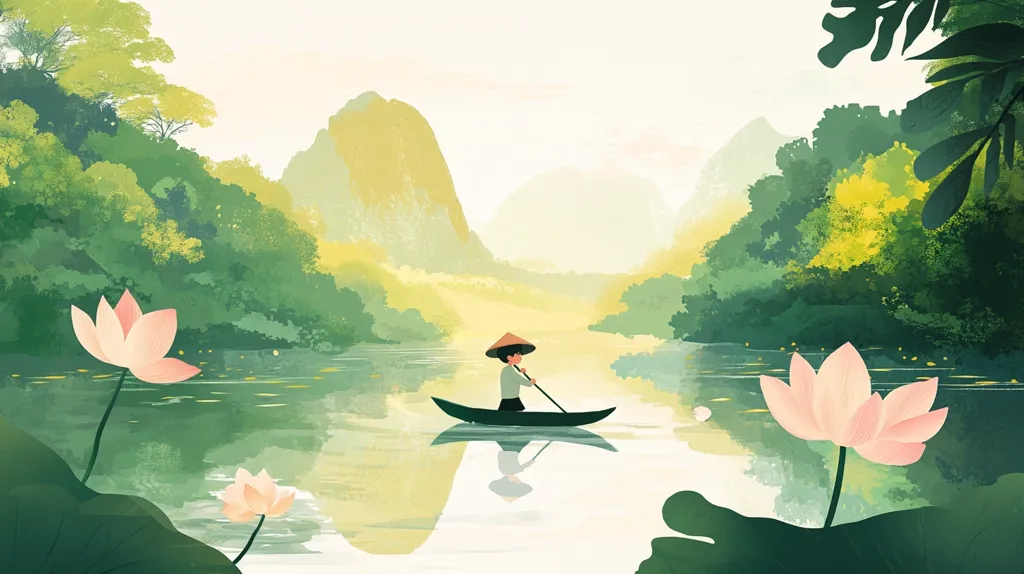 A serene landscape with a person in a boat paddling down a river. The water is calm and reflective, surrounded by lush greenery and mountains. The scene is painted in a soft, watercolor style, with delicate pink lotus flowers adding a touch of color. The overall atmosphere is peaceful and tranquil.