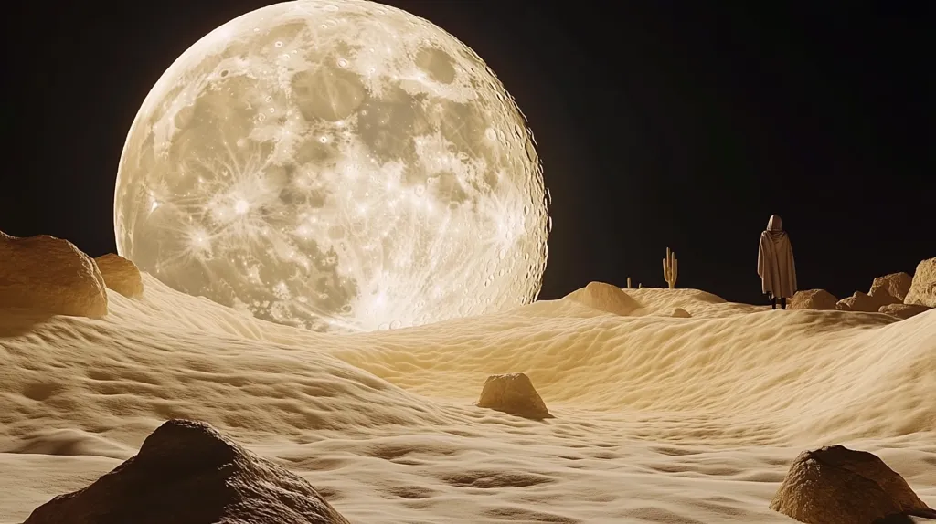A lone figure in a long robe walks across a desert landscape bathed in the eerie glow of a large, full moon. The moon dominates the sky, its craters and surface details illuminated by the sun. The desert is a vast expanse of undulating sand dunes and rocky outcrops. The scene evokes a sense of isolation and mystery, suggesting a journey into the unknown.