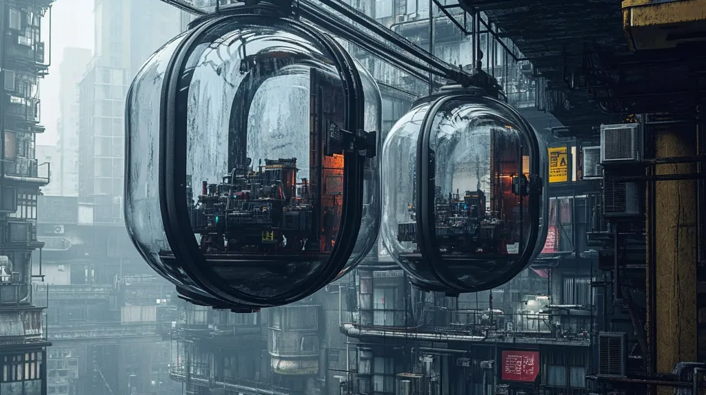 Two large, transparent, spherical pods, resembling futuristic transportation vehicles, are suspended in mid-air above a dense, urban cityscape. The pods are connected by a metal framework and appear to be moving along a track. The buildings in the background are tall and narrow, creating a sense of claustrophobia and crowding. The overall scene is dark and gritty, suggesting a dystopian future.